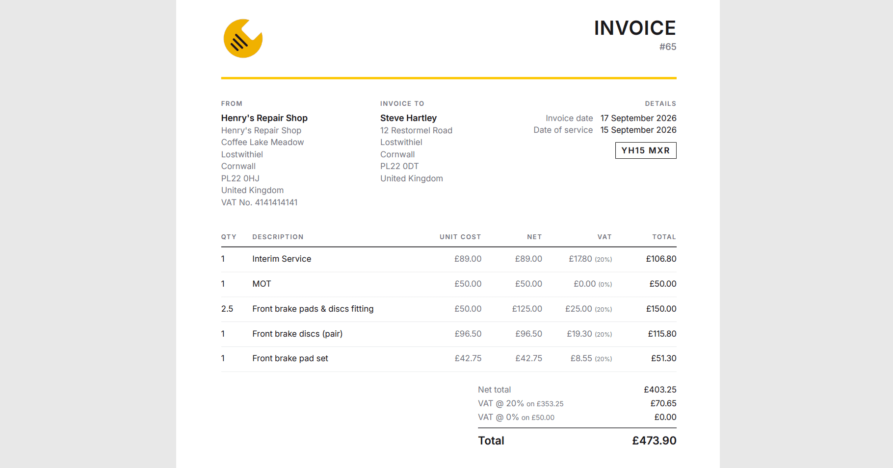 A finished invoice carrying the garage's logo and address, the customer's address, the services and parts as separate lines, and VAT worked out per line.