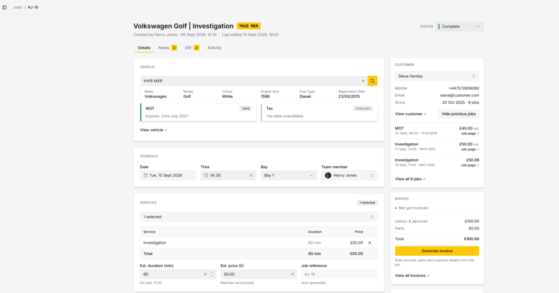A job page, showing the vehicle looked up from its plate, the date, bay and team member it is booked against, the services quoted and the customer's previous jobs.