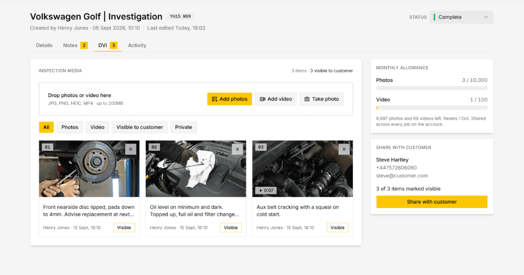 A job's inspection media, with photos and a video of the faults found, each one captioned and marked visible to the customer.