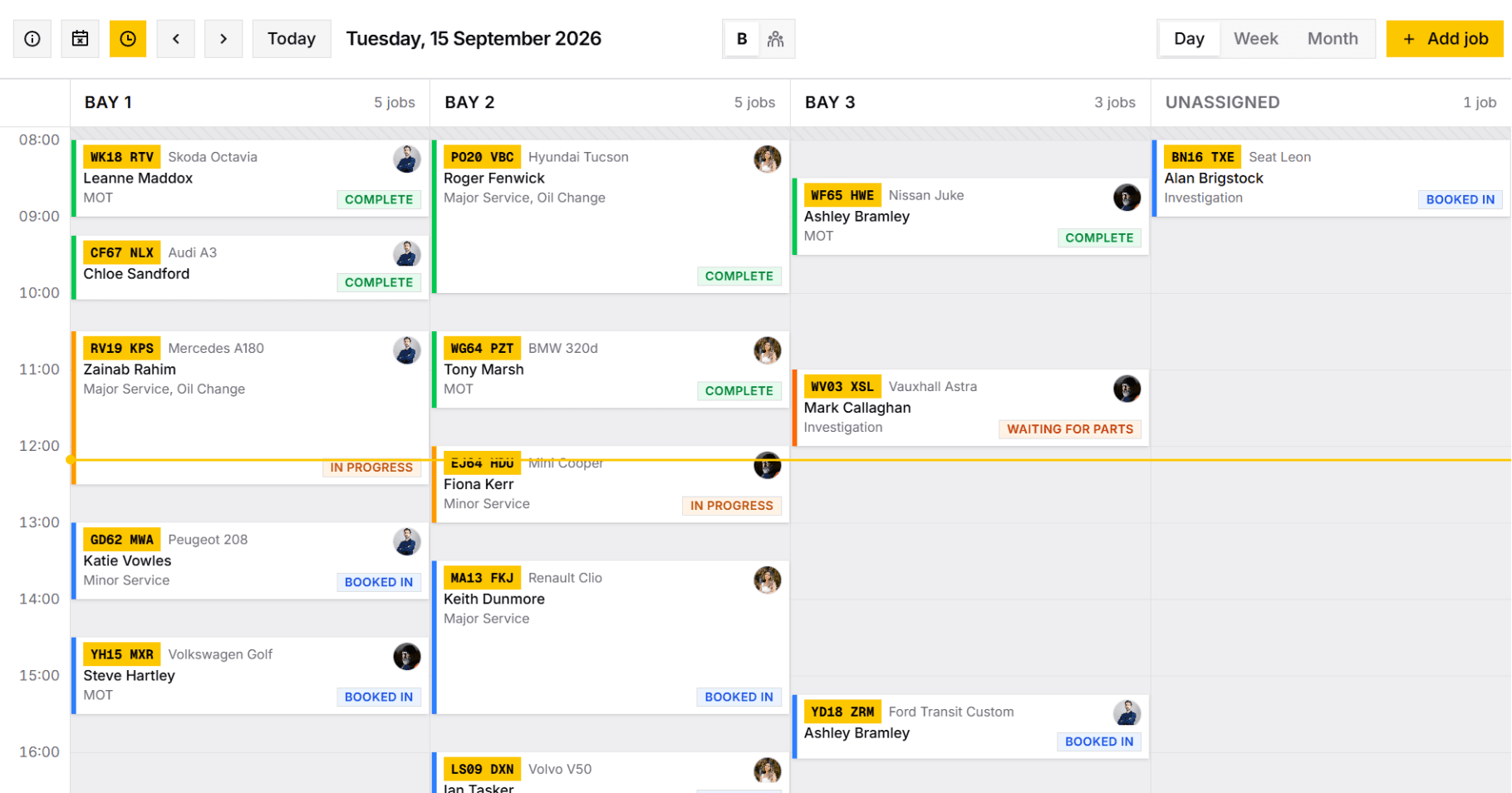 The schedule's day view, with jobs laid out across three bays and an unassigned column, and the current time marked.
